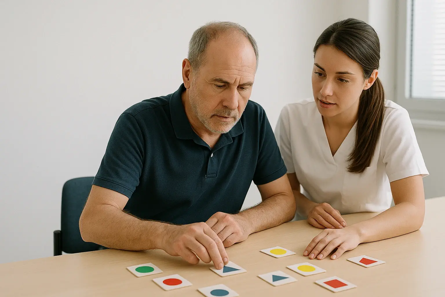 Profesional realizando técnicas de neurorehabilitación cognitiva para ictus con un paciente.